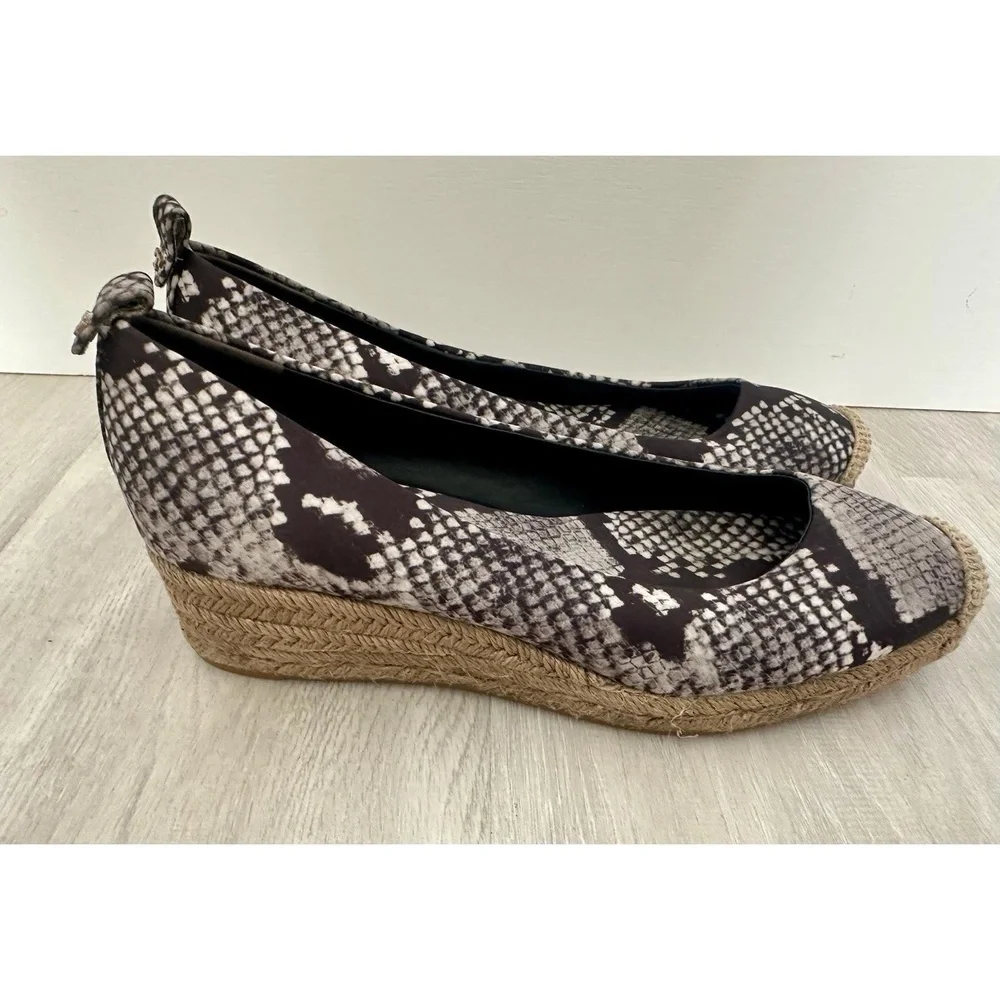 Tory Burch Womens 8.5 Heather Snake Print Wedge Espadrille Black Grey